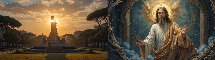 Marco Aurélio representando os princípios da filosofia estoica em diálogo com Jesus Cristo